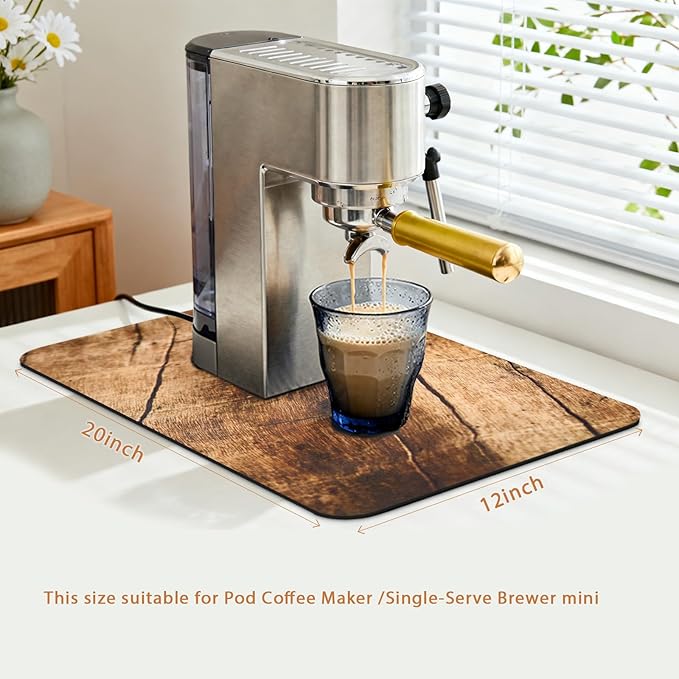 Coffee Mat 19x12 Inch, Wood Grain Coffee Counter Mat, Absorbent Hide Stain Rubber Backed Dish Drying Mat for Kitchen Counter, Bar Mats for Countertops, Under Coffee Maker Machine Pot Espresso Staion