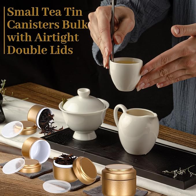 Suclain 50 Pack Small Tea Tin Canisters Bulk with Airtight Double Lids 3.4 oz Mini Leaf Tea Storage Containers Round Metal Tinplate Kitchen Teas Tin Can Box for Loose Teas Coffee Herbs Spices(Gold)