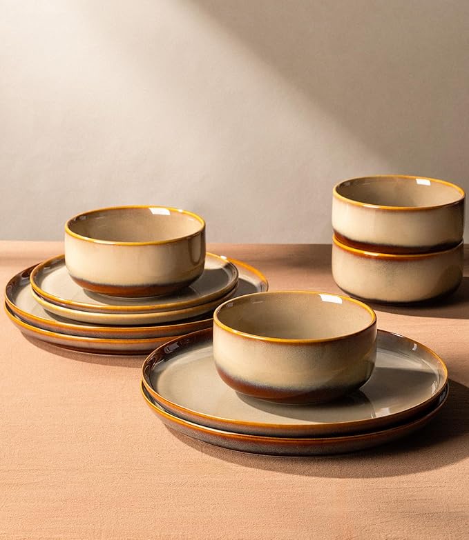 TheTerra Ceramic Dinnerware Sets for 4, 12 Pieces Handmade Reactive Glaze Plates and Bowls Set, Scratch Resistant Dish Set, Oven & Microwave & Dishwasher Safe, Creamy Amber