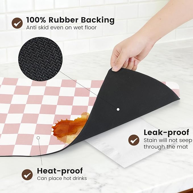 17" x 32" Checkered Dish Drying Mat for Kitchen Counter, Absorbent Coffee Bar Mat for Espresso Machine Coffee Countertops Accessories, Pink