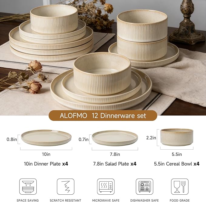 Stoneware Dinnerware Sets, Plates and Bowls Sets for 4, 12-Piece Ribbed Dishes – Chip & Scratch Resistant, Microwave and Dishwasher Safe Tableware, Beige