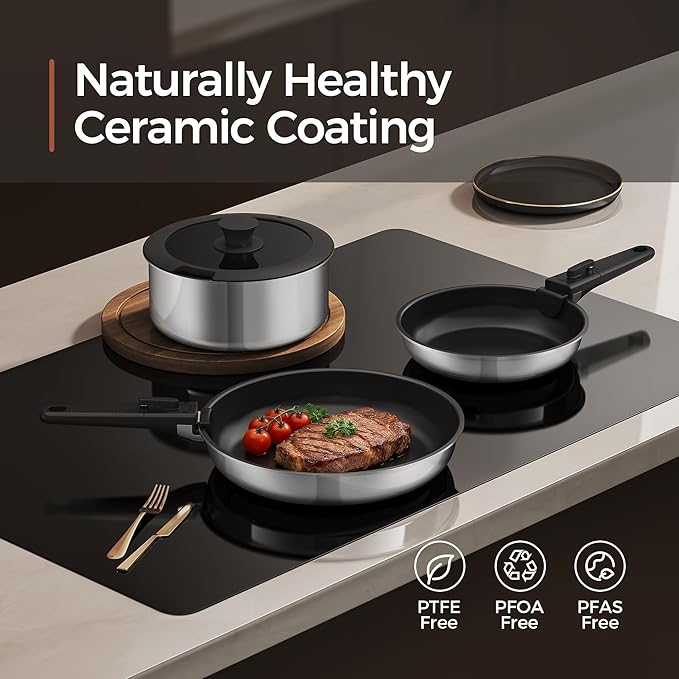 16pcs Nonstick Cookware Set, Diamond-Titanium Ceramic Coating & 3 Layer Stainless Steel Pots and Pans Set with Detachable Handle, Dishwasher Safe, Induction Compatible, Oven Safe, Black