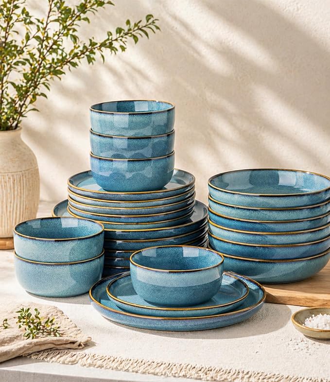 GBHOME 32 Pieces Double Bowls Ceramic Dinnerware Sets for 8, Stoneware Plates and Bowls Set with Reactive Glaze, Scratch Resistant Stoneware Dishes Set, Dishwasher & Microwave Safe