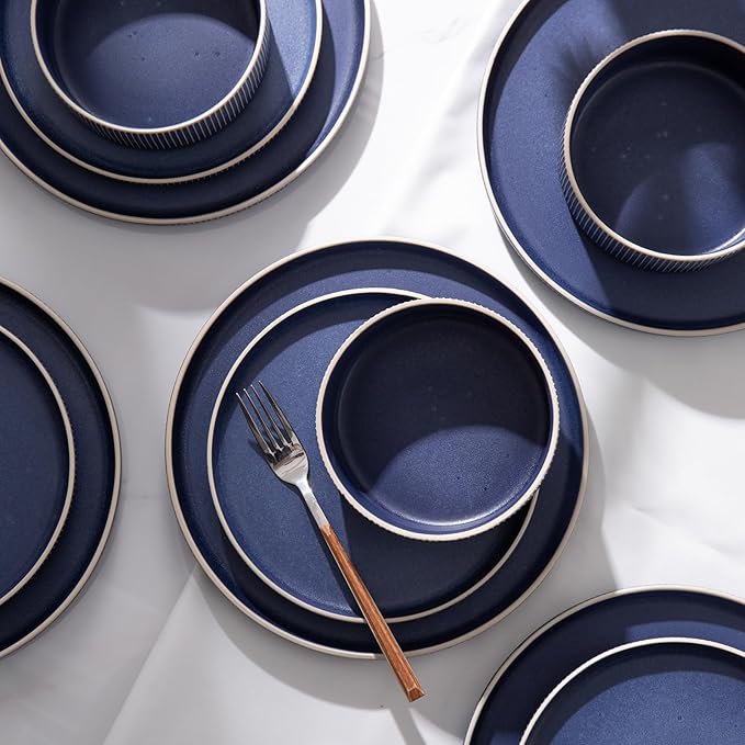 Dinnerware Set Service for 6, 18-Piece Ceramic Plates and Bowls Set, Chip & Scratch Resistant, Microwave and Dishwasher Safe, Modern Minimalist Tableware for Everyday Use, Matte Blue