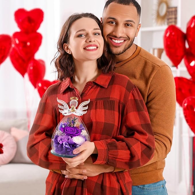 Gifts for Mom Birthday Gifts for Women Preserved Rose Forever Flower in Glass Angel Figurines Fresh Flowers for Delivery Anniversary Mothers Day Real Colorful Roses for Grandma Her Wife from Daughter