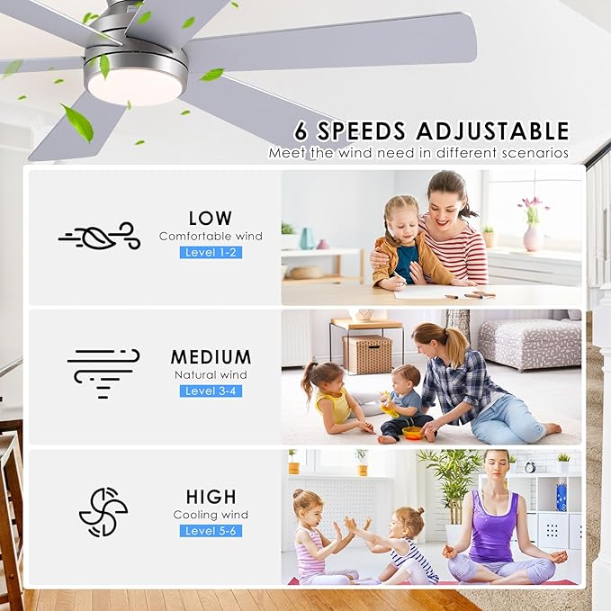 Asyko 46" Silver Low Profile Ceiling Fan with Light and Remote,Modern Flush Mount Ceiling Fans for Bedroom, Living Room, 6 Speeds, Dimmable, Timer, Quiet Reversible