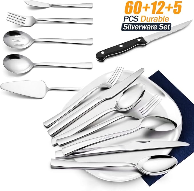 77-Piece Silverware Set with Steak Knives, Solid Stainless Steel Flatware Utensils, Modern Elegant Cutlery Tableware Set, Attach Serving Set, Mirror Polished, Dishwasher Safe-Service for 12