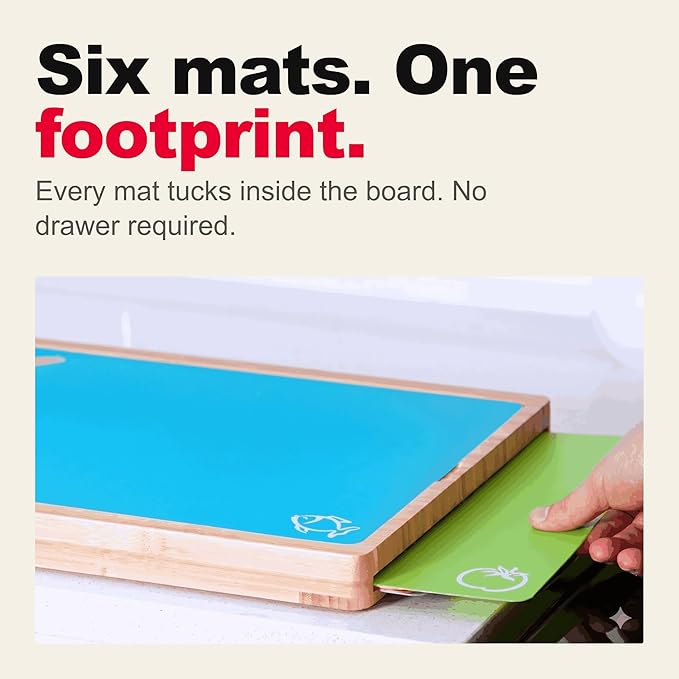 Bamboo Cutting Board Set with 6 Color Coded Mats with Food Icons, BPA-Free Non Slip Easy Clean Chopping Boards for Kitchen with Holder, Dishwasher Safe for Meal Prep & Serving, Large | Cooler Kitchen