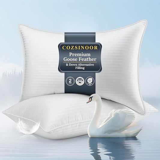 COZSINOOR Goose Feather Pillows Queen Size - Pack of 2, Hotel Down Bed Pillow for Sleeping, Soft 600 TC Cotton Cover, Fluffy Support Surround Fill Dual-Sided Design: Different Firmness on Each Side