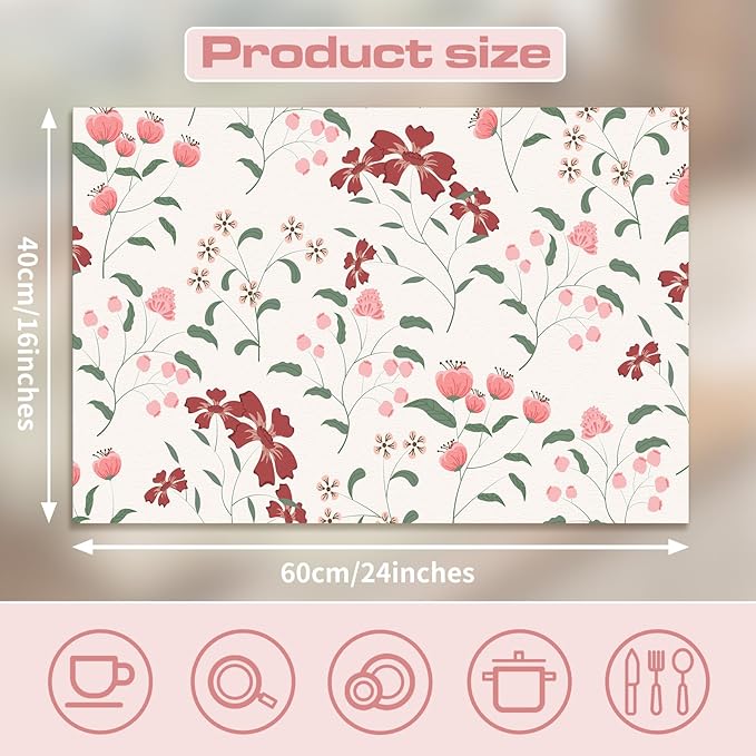 Flower Design Drying Mat Non-slip Bar Mats for Kitchen Bathroom Counter & Sink Side 16"X 24",Perfect as Housewarming Gift (Floral Whispers,White)