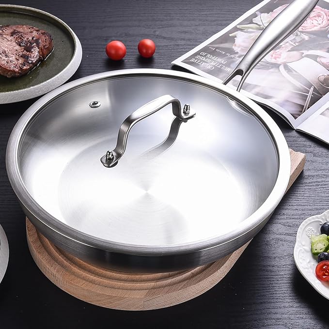 LOLYKITCH 9.5 Inch Tri-ply Stainless Steel Frying Pan with Lid,Skillet,Induction Cooking Pan,Dishwasher and Oven Safe,Riveted Handle.