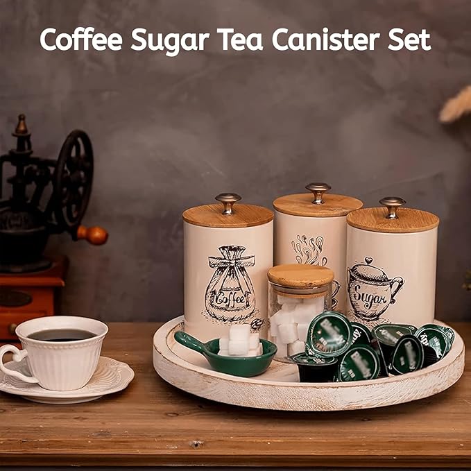 Youeon Small Canister Sets for Kitchen Counter, 25 Oz Coffee Sugar Tea Canister Set, Metal Vintage Kitchen Container 3 Pack, Food Storage Containers with Bamboo Lid, Farmhouse Decor, Beige