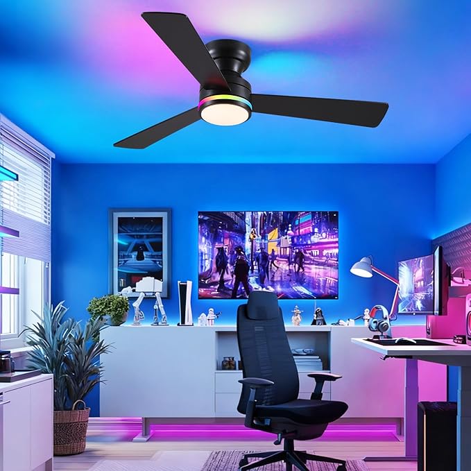 Asyko 46" Black RGB Ceiling Fans with Lights and Remote,Low Profile Ceiling Fans with Quiet Reversible DC Motor,Modern Flush Mount Ceiling Fan Light for Bedroom Kids Room