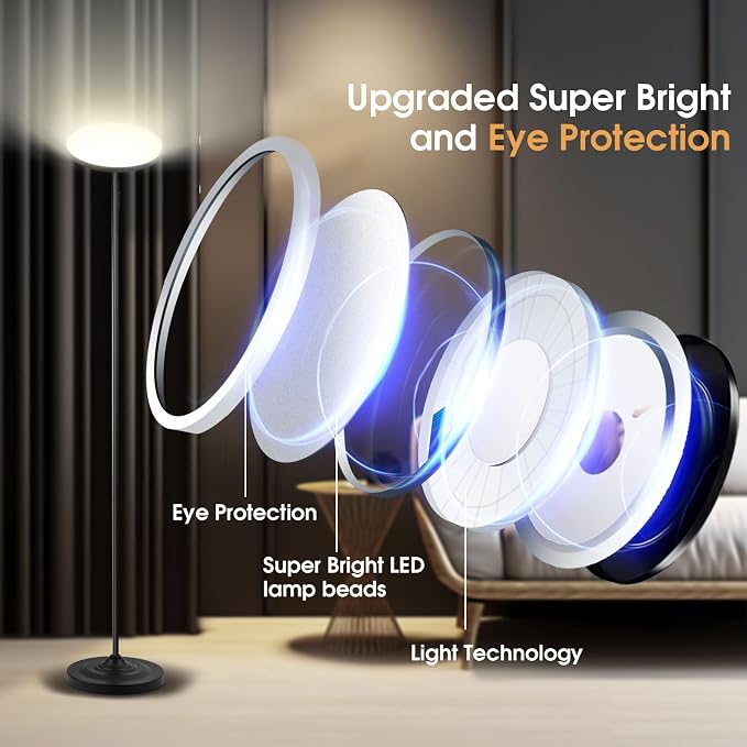 hanaking Upgraded Floor Lamp, 30W/2600LM Super Bright Floor Lamp with Remote Control, Stepless Adjust Color Temperatures and Brightness, Torchiere Standing Lamp for Living Room Bedroom Office