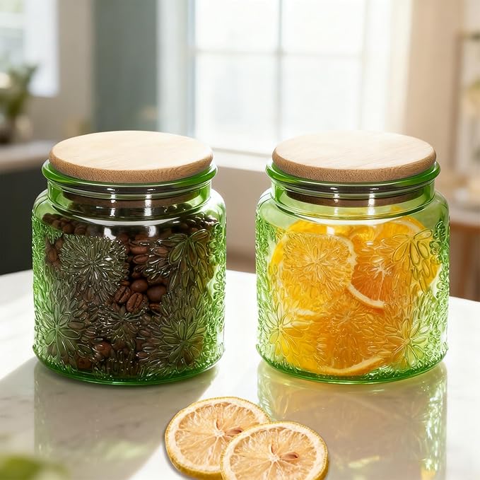 1Pc Snowflakes Style Vintage Glass Candy Jar with Airtight Bamboo Lid, Kitchen Storage Canister for Sugar, Coffee, Tea, Cookies, Bath Salt - Decorative Mason Jar for Pantry & Counter (1, Green, 17oz)