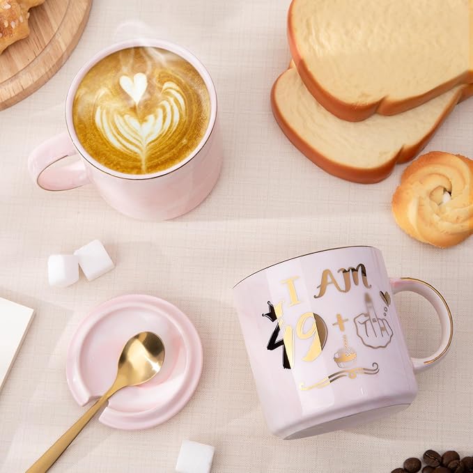 ALBISS Funny 50th Birthday Gifts for Women, 14oz Pink Marble Ceramic Coffee Mug with Gold 49+1 Sassy Hand Design, Elegant Turning 50 Gift for Her, Greeting Card & Gift Box Included