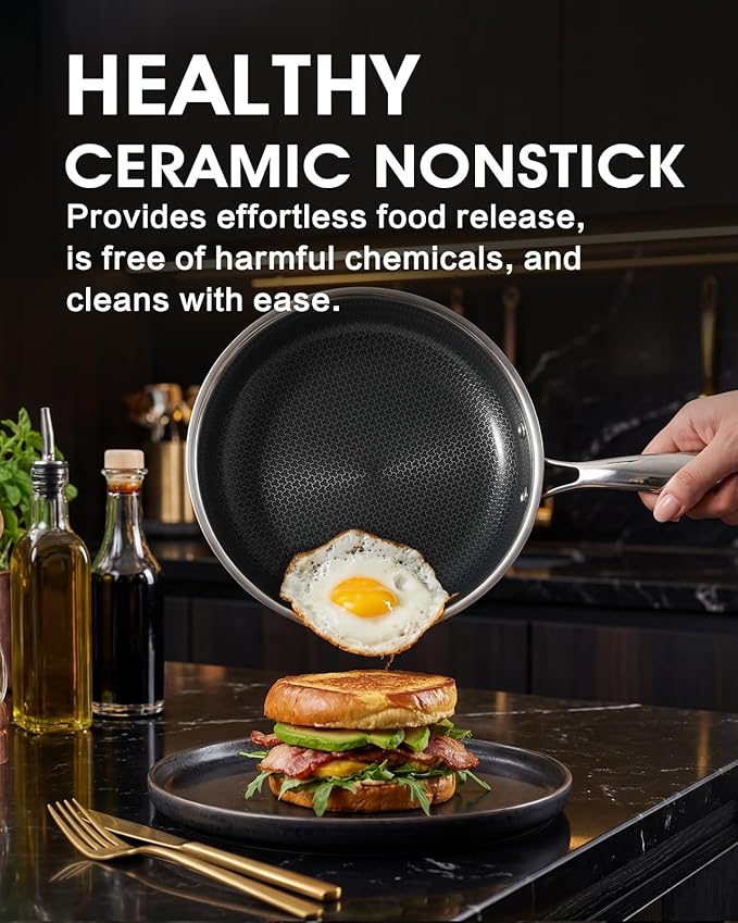 Stainless Steel Non Stick Frying Pan with Lid - PFOA Free | Induction Compatible | Oven & Dishwasher Safe | Stay Cool Handle | Versatile for All Stovetops | Gift