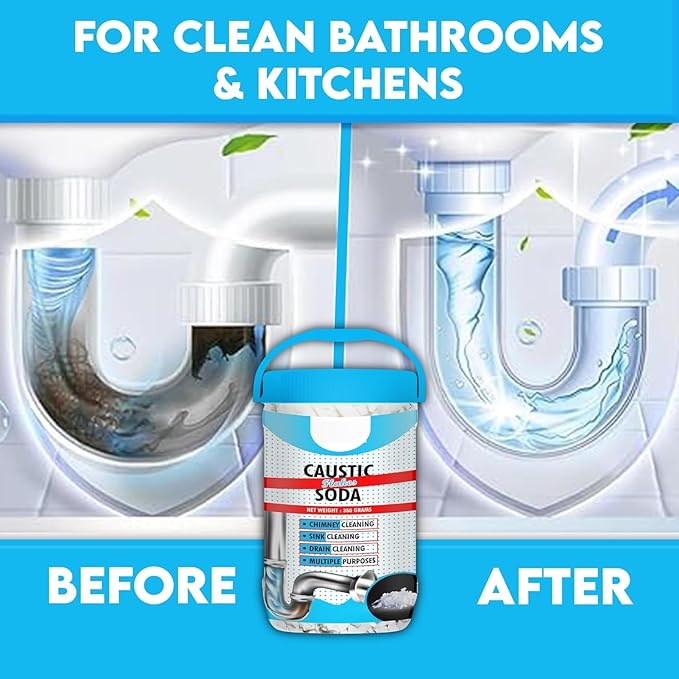 12.34oz Caustic Soda – Fast-Acting, Non-Toxic & Odorless Formula to Clear Blockages Instantly – Unblock Clogged Sinks & Pipes with Chimney & Drain Cleaner Flakes – 350 Grams