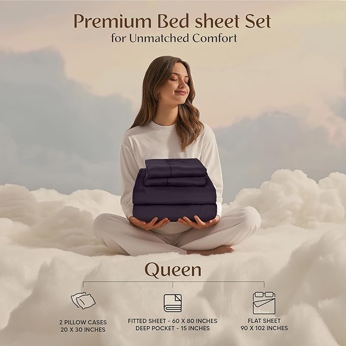 Utopia Bedding Queen Size Sheet Set – 4 Piece Bed Sheets, Soft and Breathable Microfiber, Includes 1 Fitted Sheet, 1 Flat Sheet and 2 Pillowcases – Oeko-Tex - (Dark Purple)
