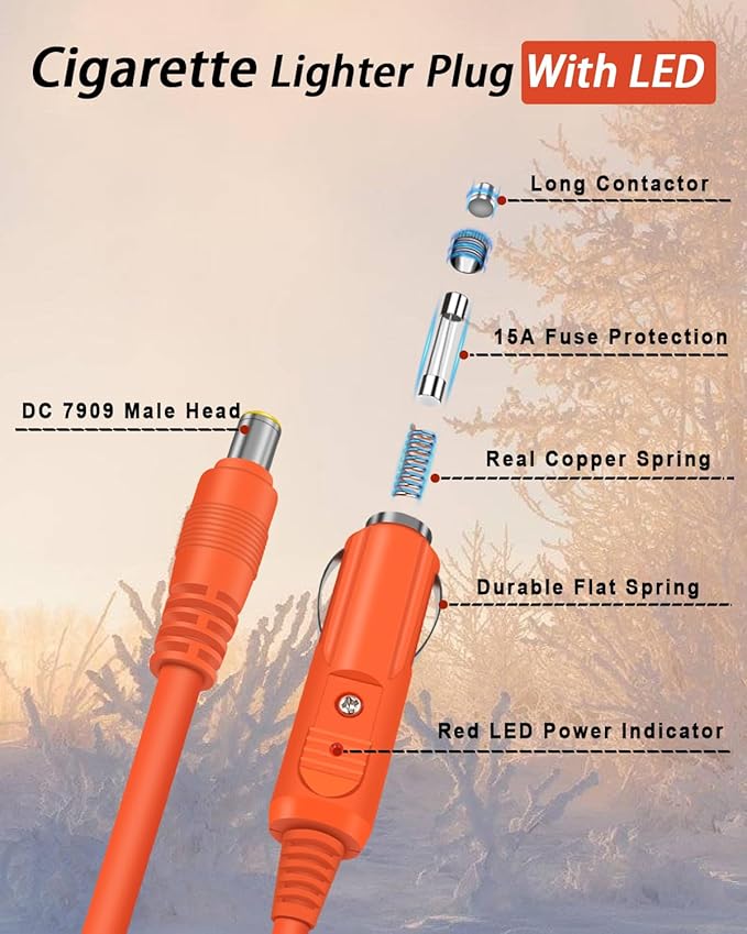 YEZriler 14AWG Car Charging Cable for Jackery Portable Power Station Explorer 3000 2000 1500 1000 880 550 500 300 290 240 160 Jackery Accessories Cigarette Lighter Charger DC Adapter Cord 2M - Orange