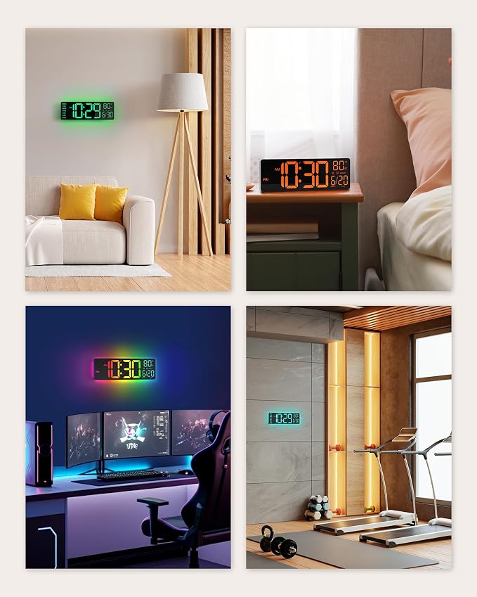 EASYERA 12" Digital Wall Clock for Classroom Livingroom Game Home Decor | LED Display RGB Lights, BIuetooth Sync, Dual Alarms, Auto DST, Countdown, Remote Control, Temperature