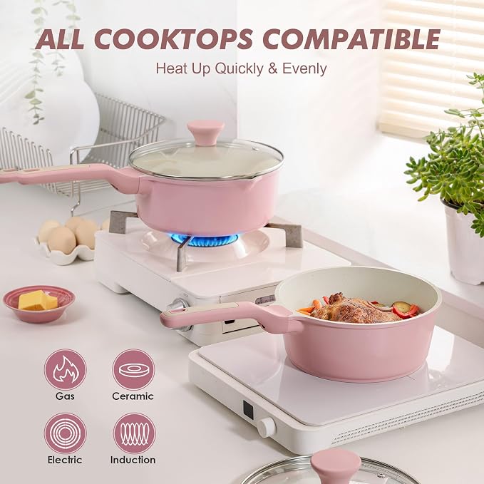 SENSARTE 2QT Ceramic Nonstick Saucepan with Lid, PTFE/PFAS Free, Pink | Small Kitchen Cooking Pot with Stay Cool Handle, Induction Compatible, Ceramic Coating