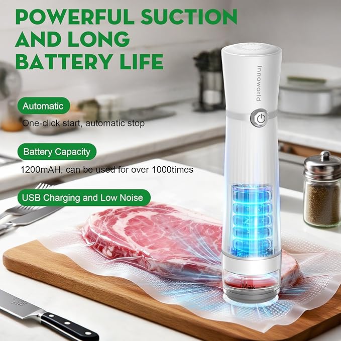 3-in-1 Vacuum Sealer for Food Compatible with Vacuum Bag, Mason Jar, Wine Bottle, Handheld Saver Compact Vacuum Sealer Machine with 14 Reusable Bags
