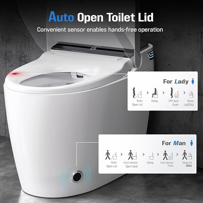 Smart Toilet with Bidet Built-In, Tankless Powerful Dual Flush, Auto Open/Close & Auto Flush, Elongated Heated Seat, Instant Warm Water & Dryer, LED Night Light & Temp Display
