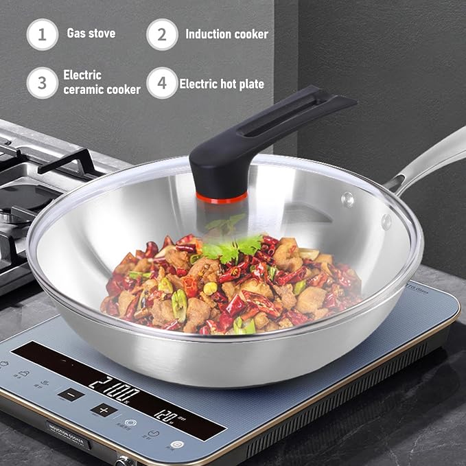 ZJchao Stainless Steel Wok Pan, Stir Frying Pan, Induction Cooking Wok with Handle Nonstick Stir Fry Cookware for Induction Electric Gas All Stove (34CM)