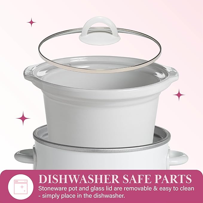 Paris Hilton 3.5-Quart Manual Slow Cooker, Features Three Settings (Low, High, Warm), Naturally Nonstick and Dishwasher Safe Stoneware Insert, Family Sized Capacity, White