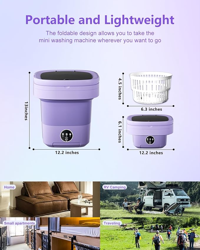 16L Portable Washing Machine, Folding Clothes Washer with Spin Basket & 3 Modes | Mini Washer for Underwear, Socks, Baby Clothes | Compact Washing Machine for Apartments, RV & Travel, Home (Purple)