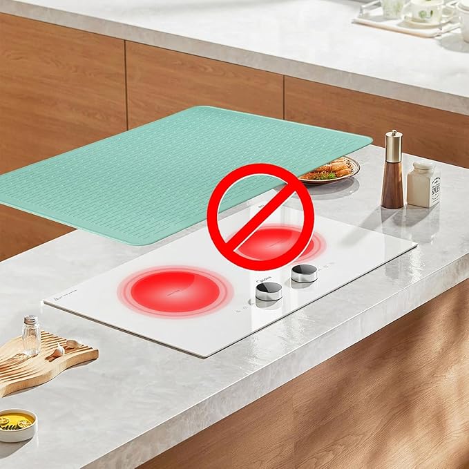 Stove Top Cover for Electric Stove - Food Grade Ceramic Stove top Cover, Silicone XXL Dish Drying Mat, Glass Cooktop Covers, Flat RV Range top Mats (Green Thickened,30x21)