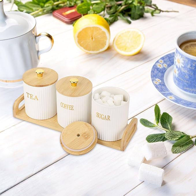3 Pack Ceramic Canister Set with Bamboo Lids and Handle Tray, Coffee Tea Sugar Container Set, White Ceramic Storage Jar Kitchen Canister for Countertop, White-Style 2