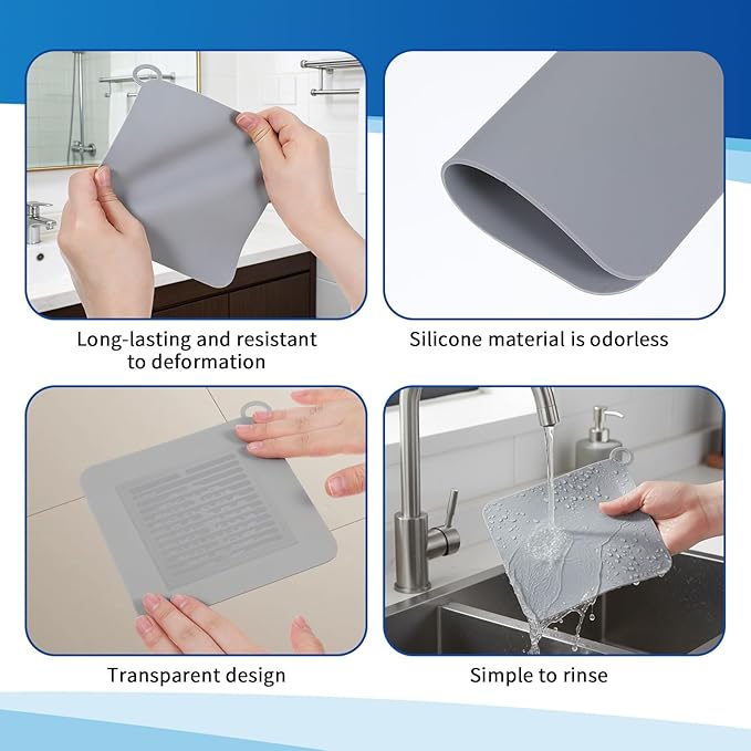 4 PCS Silicone Tub Stopper Floor Drain Covers, 5.9 X 5.9 Inch Silicone Shower Drain Cover Sewer Anti-Odor Mats, Deodorizing Shower Stopper for Drains, Kitchen Toilet Laundry Bathroom Bathtub (Grey)