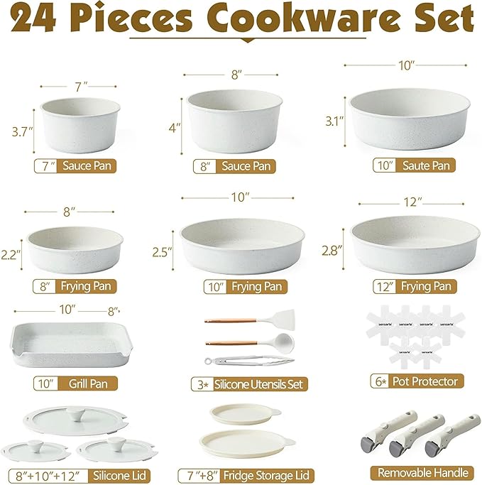 SENSARTE 24 Piece Pots and Pans Set, Nonstick Detachable Handle Cookware, Induction Kitchen Cookware Set with Removable Handle, Healthy Non Stick for RV, Dishwasher ＆ Oven Safe (White)