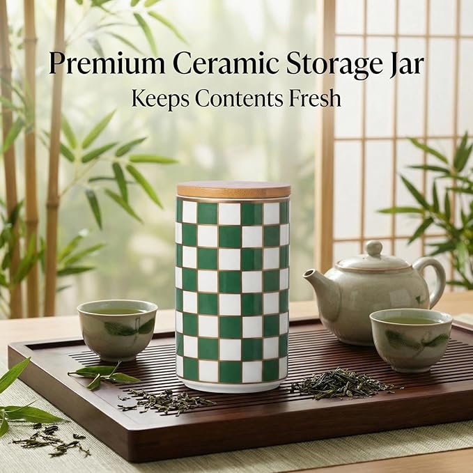 1 Piece Ceramic Coffee Canister, Airtight Coffee Container with Lid for Kitchen Storage (15.8x9cm, Green Checkered)