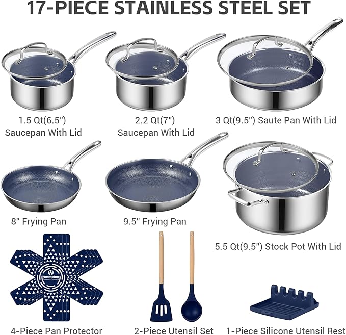 Ammeloo Hybrid Stainless Steel Cookware Set, 17-Piece Tri-Ply Pots and Pans Set Non Stick, Induction Kitchen Cookware Sets, Dishwasher & Oven Safe, PFOA Free, All Cooktops Compatible, Navy Blue