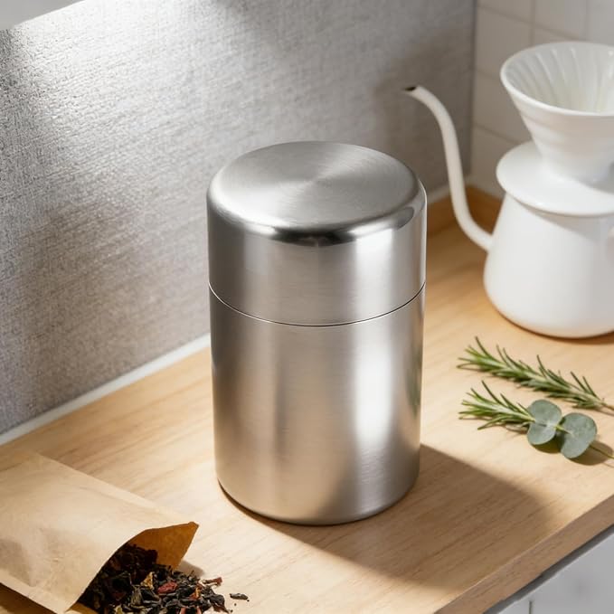 AUNMAS Tea Tin Canister, Stainless Steel Tea Coffee Sugar Storage Container with Airtight Double Lids for Loose Tea and Tea Bags, Kitchen Cup for Coffee Sugar Seasoning Storage (450ml)