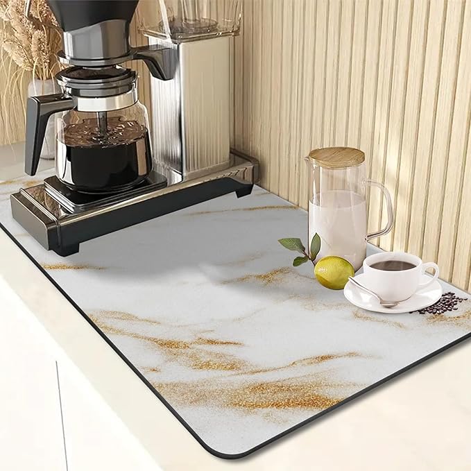 Arttown Coffee Mat for Countertops, Marble White Gold Dish Drying Mat 2 Pcs for Kitchen Bar Accessories, Fit Under Coffee Maker Espresso Machine Dish Rack Hide Stain Rubber Backed 12x19in