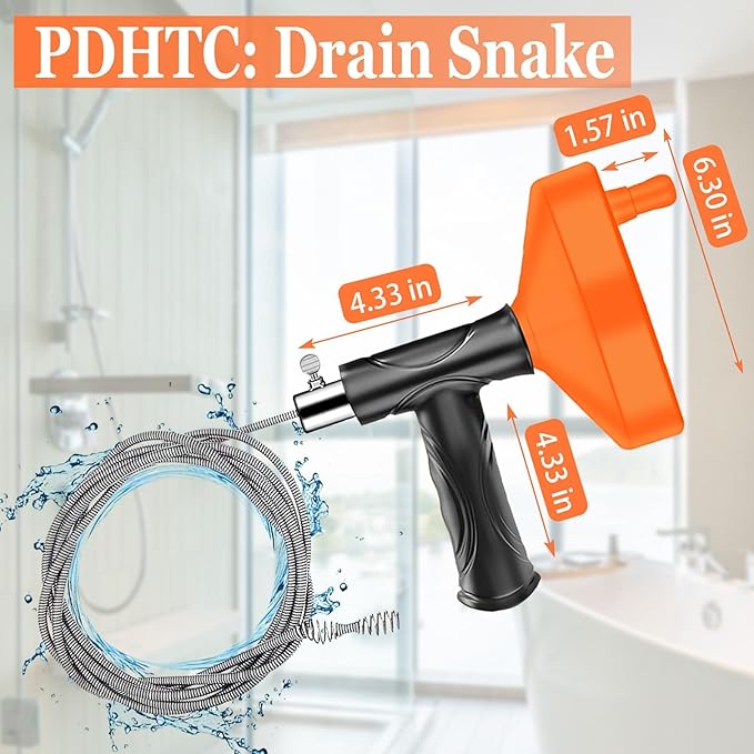 Drain Snake Auger, Plumbing Snake Drain Hair Clog Removal Tool, Sink Unclogger Drain, Heavy Duty Drum Auger, Cleaner Tool for Bathroom Kitchen Tub Shower Drain Clog Remover with Gloves (33 Feet)