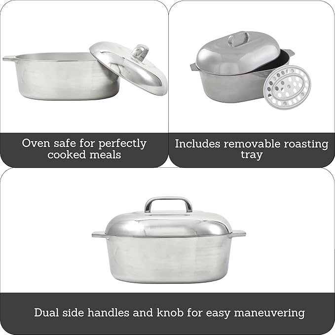 IMUSA USA Heavy Duty Cajun Oval Aluminum Roaster 15, Silver | Mirror-Polished Finish, Removable Steamer Inserts and Side Handles, Heats Quickly and Evenly, Ideal for Roasting and Steaming