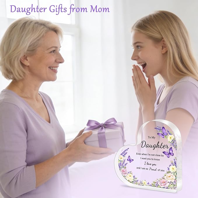 Mothers Day Gifts for Daughter - To My Daughter Acrylic Heart Plaque Daughter Gifts, Purple Birthday Gifts for Daughter Adult Teen Girls from Mom Dad, Cute Keepsake Inspirational Decor