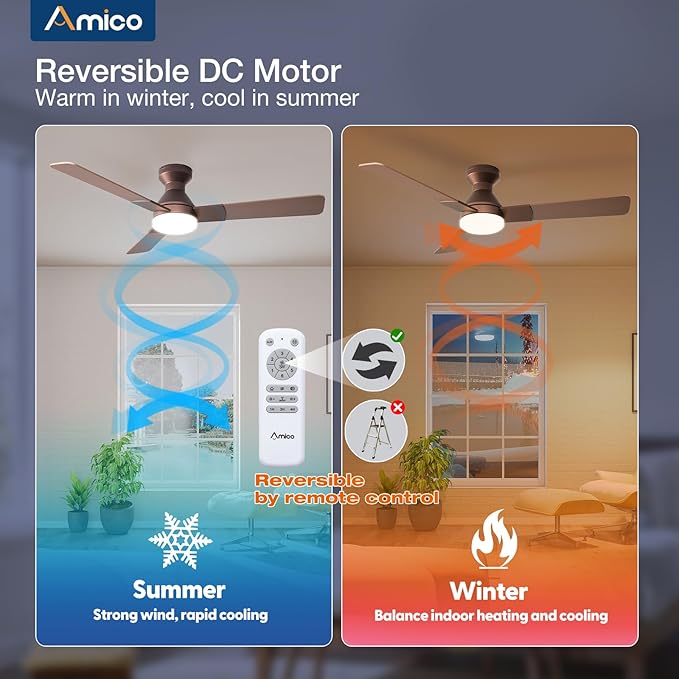 Amico Ceiling Fans with Lights, 52 inch Low Profile Ceiling Fan with Light and Remote Control, Flush Mount, Reversible, 3CCT, Dimmable, Noiseless, Brown Ceiling Fan for Bedroom, Indoor/Outdoor Use