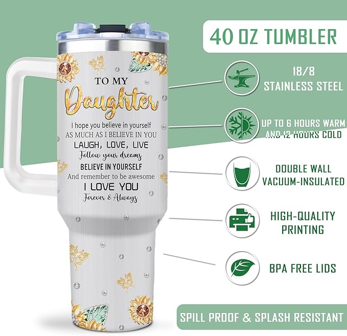 Muilzon Daughter Gifts from Mom/Dad Tumblers 40oz - Gifts for Daughter from Mother/Father Coffee Mug - Christmas Mothers Day Birthday Graduation Gift Ideas for Adult Daughters Cup with Handle
