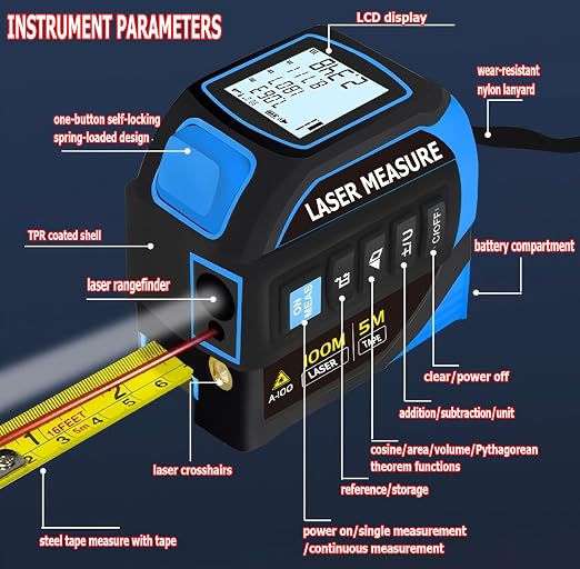 Tape Measure 4-in-1 Laser Digital Measuring Tape & 100m/328ft Laser Distance Meter & with 16ft/5m & Crosshair Markings & Dual-axis Electronic Level,Display On Backlit LCD Screen