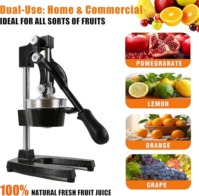 Juicer Manual Cast Iron Citrus Juicer, Heavy-Duty Orange Lemon Squeezer, Extra-Large Commercial Citrus Press, Easy to Clean with Bonus Stainless Steel Cup (Black)
