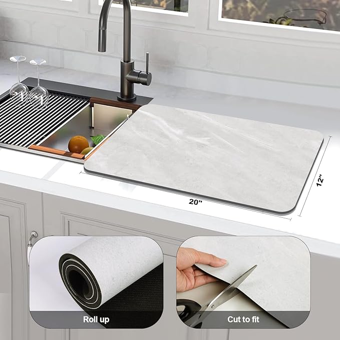 Findosom Dish Drying Mat, 12"x 20" Super Absorbent & Hide Stain Coffee Mat, Cuttable Drying Mat for Kitchen Counter, Coffee Bar Accessories, Under Dish Rack, Espresso Machine, LightGrey-2