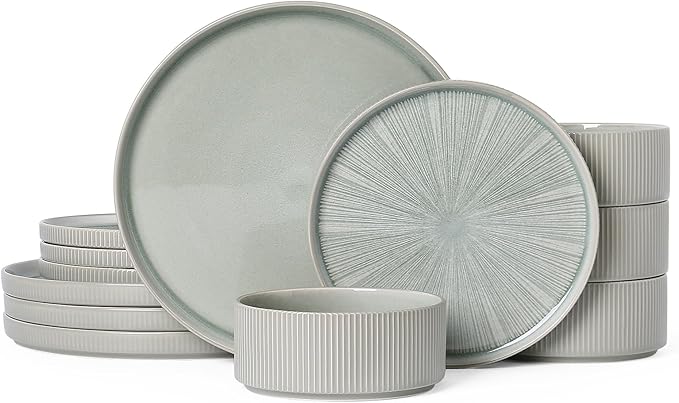Dinnerware Sets for 4, Ceramic Plates and Bowls Set 12 Piece Dinnerware Chip Resistant Stoneware with Advanced Inkjet Printing Technology, Dishwasher and Microwave Safe-Sage Green