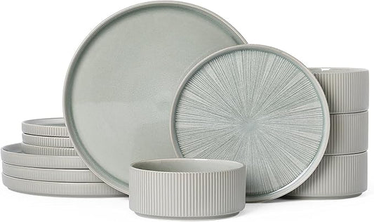 Dinnerware Sets for 4, Ceramic Plates and Bowls Set 12 Piece Dinnerware Chip Resistant Stoneware with Advanced Inkjet Printing Technology, Dishwasher and Microwave Safe-Sage Green