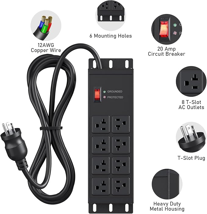 JUNNUJ Heavy Duty Surge Protector Power Strip 4800J, Garage Metal 8 Outlets 20 Amp 12 Gauge, High Amp 5-15P Adapter Shop 6-20R T-Slot Industrial Outlet, 25 FT Extension Cord Commercial for Appliance